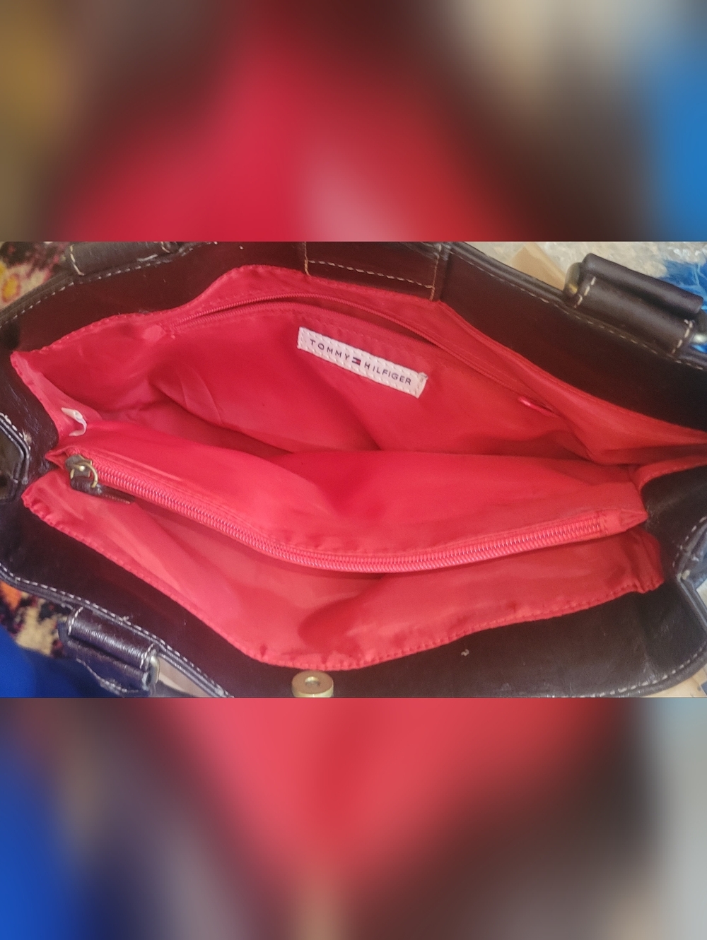 Tommy Hilfiger Red-Lined Shoulder Bag with Inner Zip Pocket